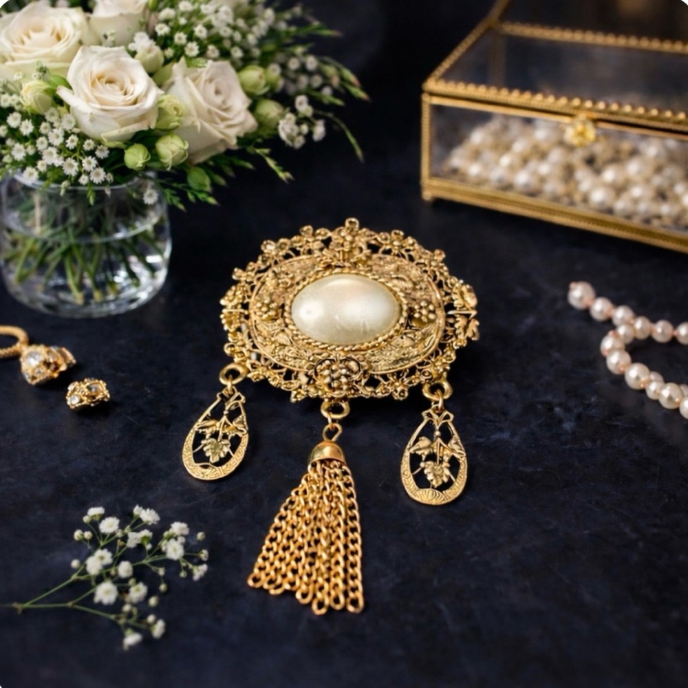 VINTAGE 1960s Victorian Revival Ornate Gold-tone Faux Pearl Brooch